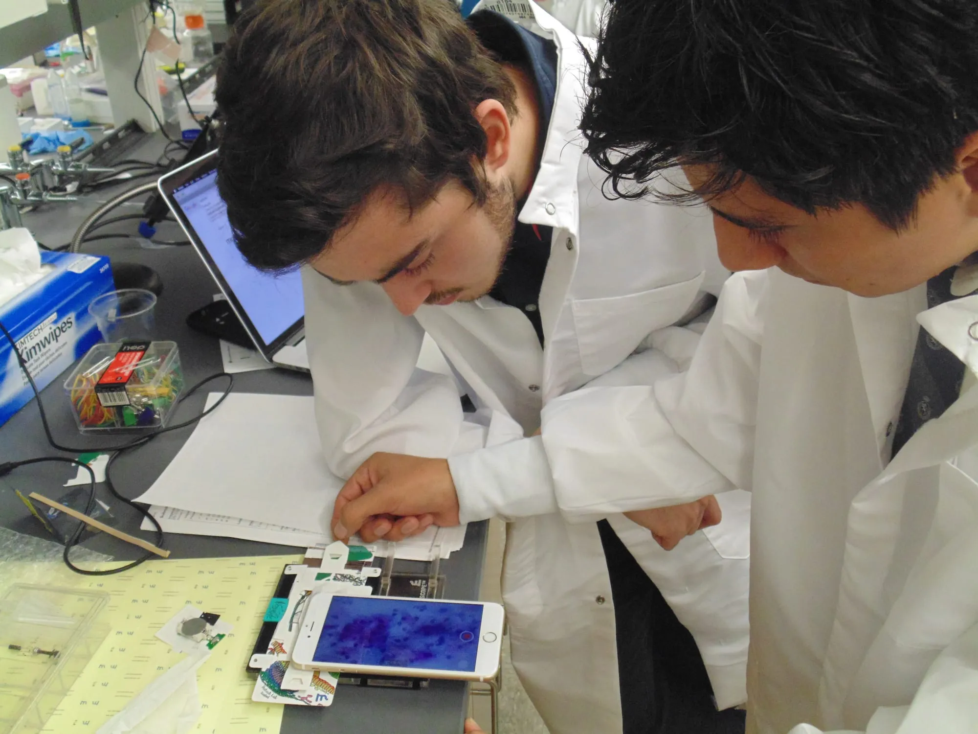 Marcos Bruno and a colleague examine a sample through a Foldscope attached to a phone