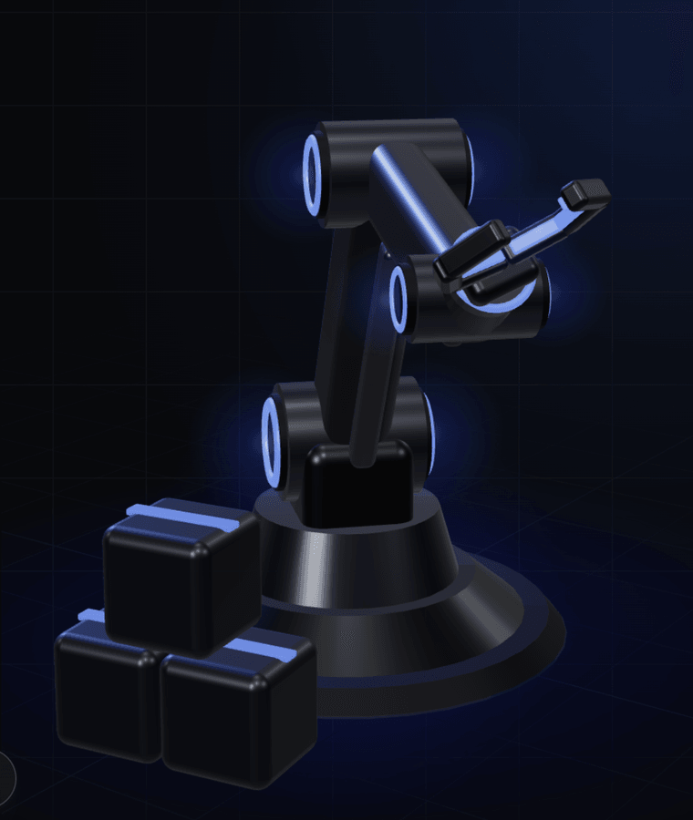 Articulated robotic arm with electric-blue glowing joints next to a stack of boxes
